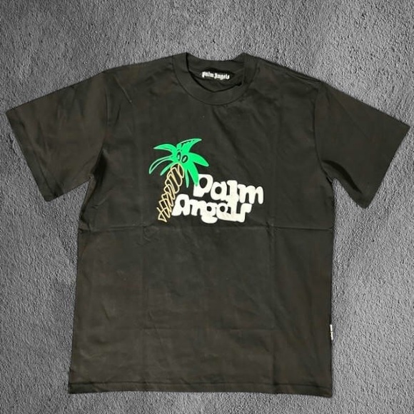 Palm Angels Black Tee with Green and White Graphic - Picture 1 of 2